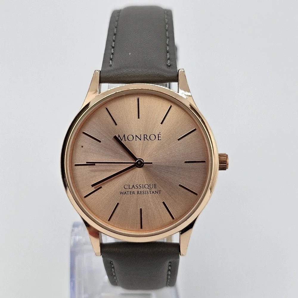 Monroe by Maestro Women Watch 36MM Gold Dial Gray Leather Band Straps NewBattery